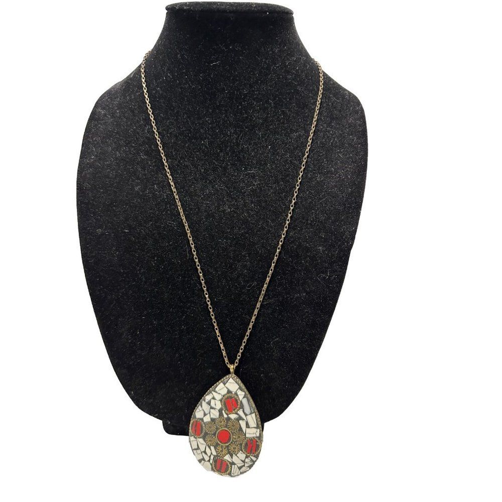 ZAD Stone Chip Mosaic Teardrop Statement Necklace Red Jasper 26” Long
